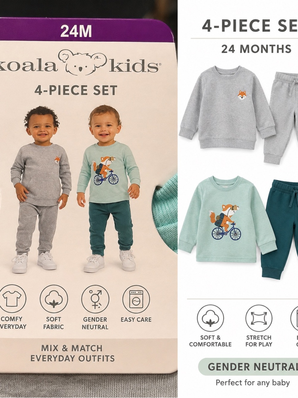 Koala Kids Unisex Baby 4 Piece Fox Outfit Set Gray Teal 24M NWT